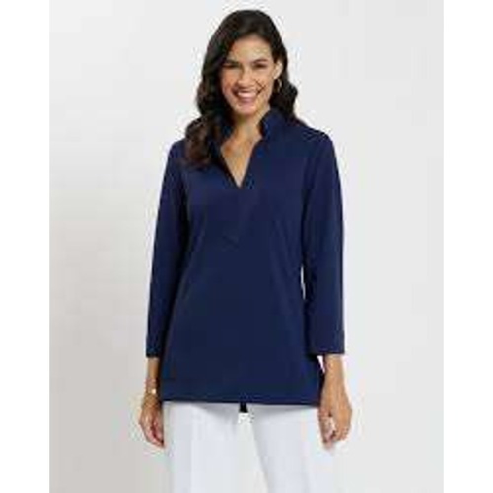 Jude Connally Navy Blue Jude Cloth Split Neck Tunic Top Blouse Womens Small